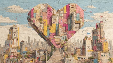 Fototapeta premium A vibrant cityscape features buildings arranged in the shape of a heart, surrounded by blooming flowers and greenery. The scene is illuminated under a clear blue sky with skyscrapers in the distance.