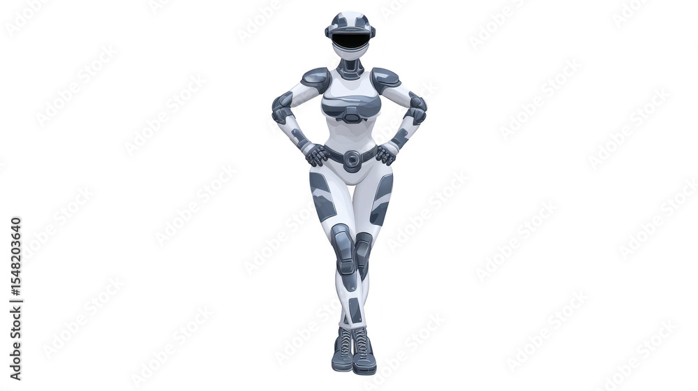 Poster futuristic humanoid robot stands confidently with hands hips, showcasing advanced technology and sle