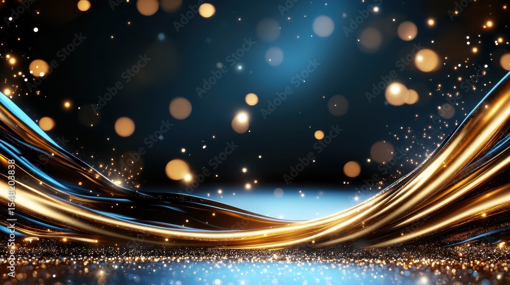 Poster this stunning abstract image features shimmering golden and blue curves with floating sparkles, embo