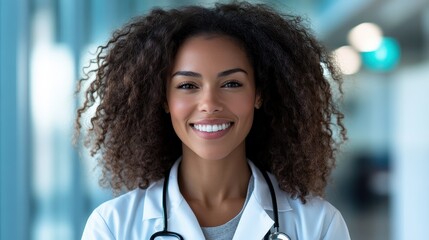 A confident and friendly female doctor smiling directly at the camera, showcasing her professionalism and warmth in a clinical setting, representing healthcare.