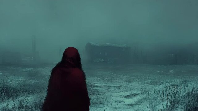 Mystical Woman in Red Cloak in Snowy Landscape