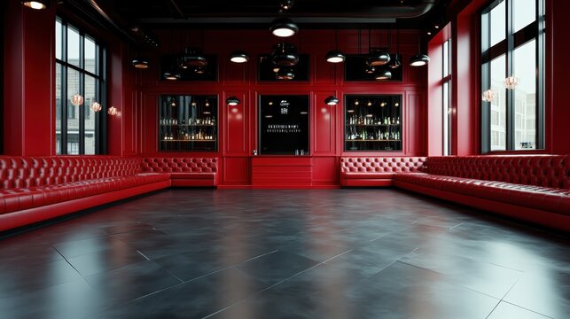 A chic and modern bar lounge featuring rich red walls, plush seating, and ambient lighting, creating a sophisticated atmosphere for social gatherings and relaxation.