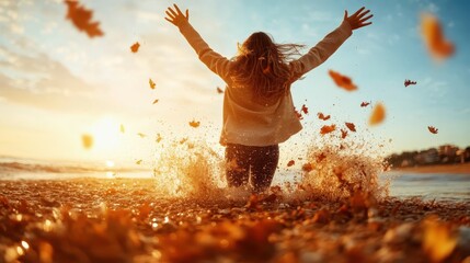 A carefree individual dances at sunset, splashing water as falling leaves surround them, symbolizing freedom, joy, and the beauty of nature during the autumn season.