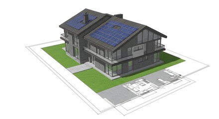 Modern House Architectural Design with Solar Panels - 3D Model