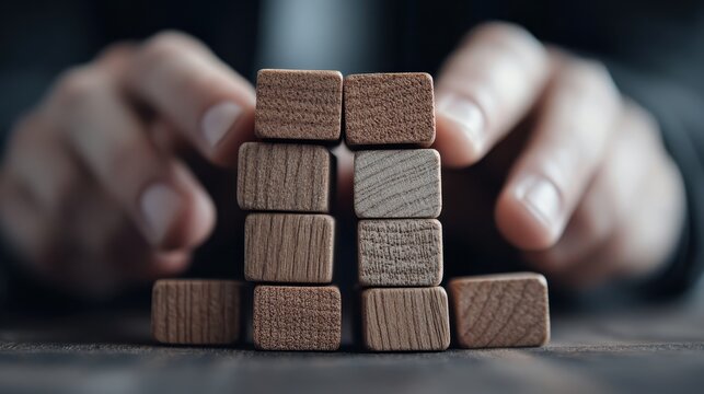 Close-up shots of hands expertly assembling wooden blocks into a neat structure symbolize creativity, teamwork, and the process of building something meaningful.