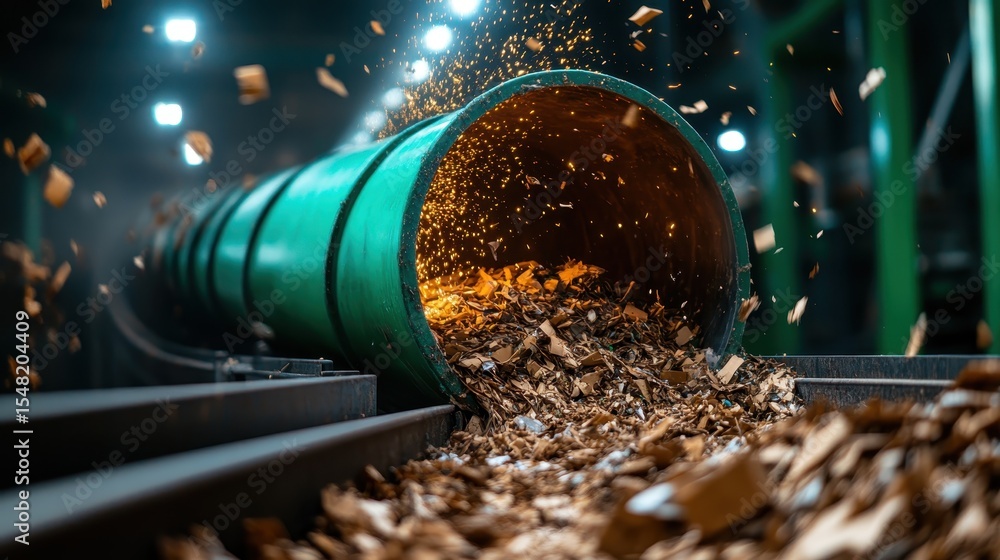 Poster a dynamic scene of wood shavings cascading from a green tube in an industrial environment, emphasizi