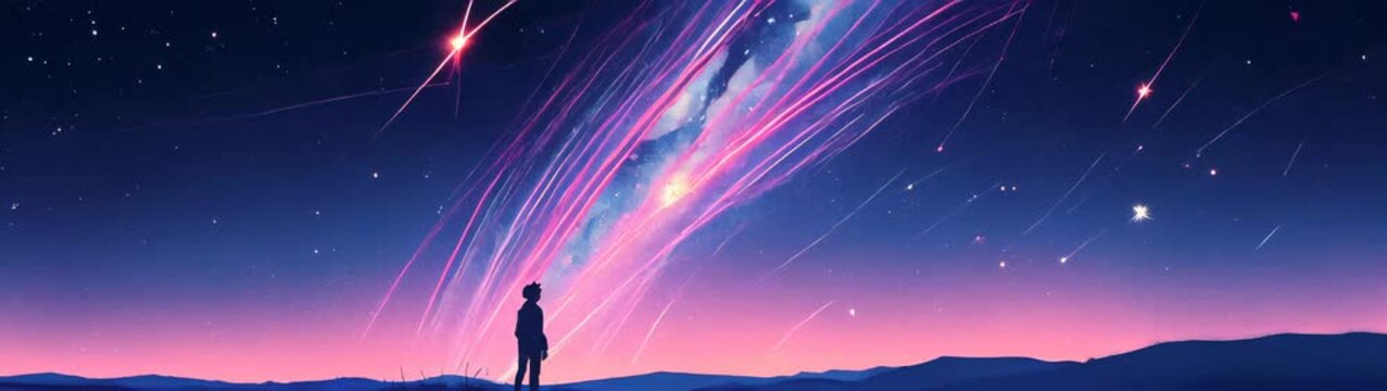 Starr night sky with a anime boy standing on a hill looking at the stars