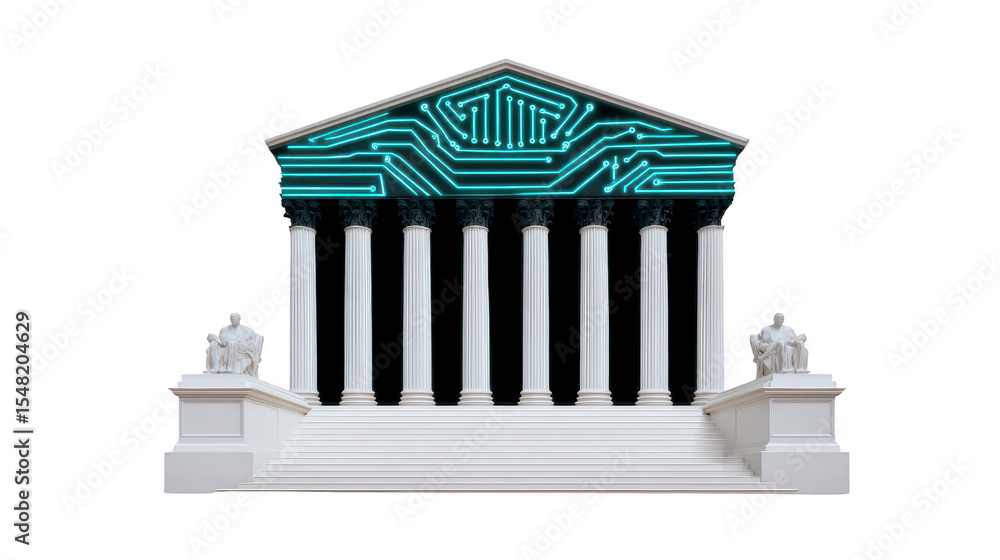 Poster digital circuit design is integrated into facade of classical greek temple, symbolizing fusion of te