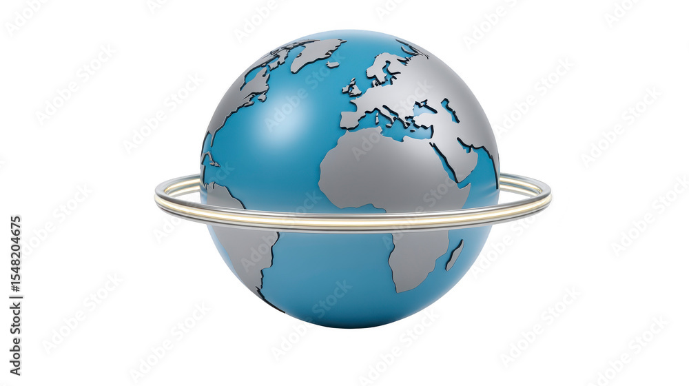 Poster 3d globe with metallic ring encircling it, representing global connectivity and unity. continents ar