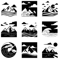 Obraz premium A suite of nine mountain and wave peak logos symbolizing growth for tech startups and consulting firms