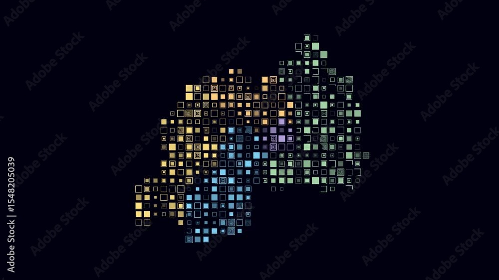 Poster rwanda dotted animation. shape of the country build of pulsating colored dots. large size square blo