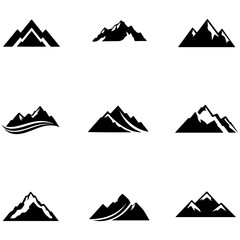 High-contrast geometric mountain designs, a collection of minimalist black and white vector logos in circles