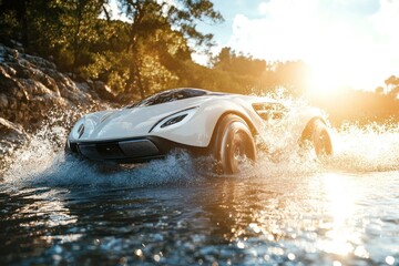 Futuristic White Sports Car Driving Through Water With Splashing Effect In Sunny Outdoor Landscape