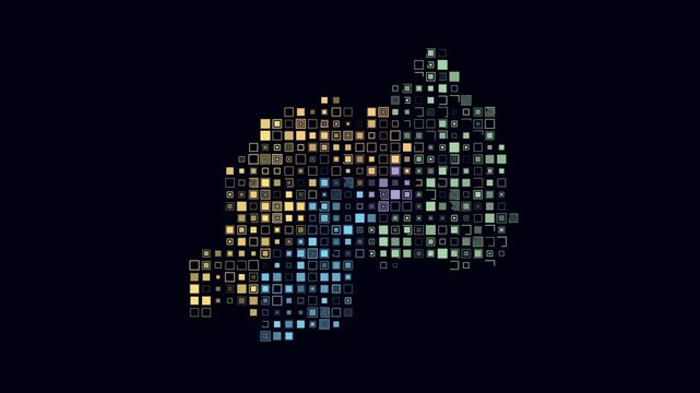 Rwanda dotted animation. Shape of the country build of pulsating colored dots. Large size square blocks. Digital style map on dark background. Beautiful video.