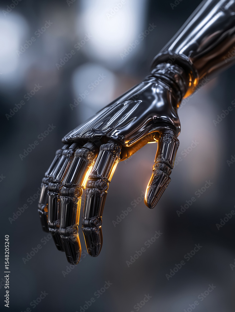 Poster robotic hand with glowing elements showcases advanced technology at a futuristic setting