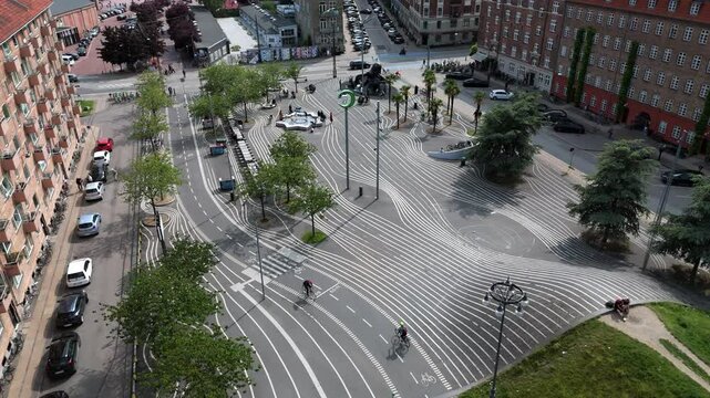 Aerial view of Superkilen Park, a public park located in the N&oslash;rrebro district of Copenhagen, Denmark. 