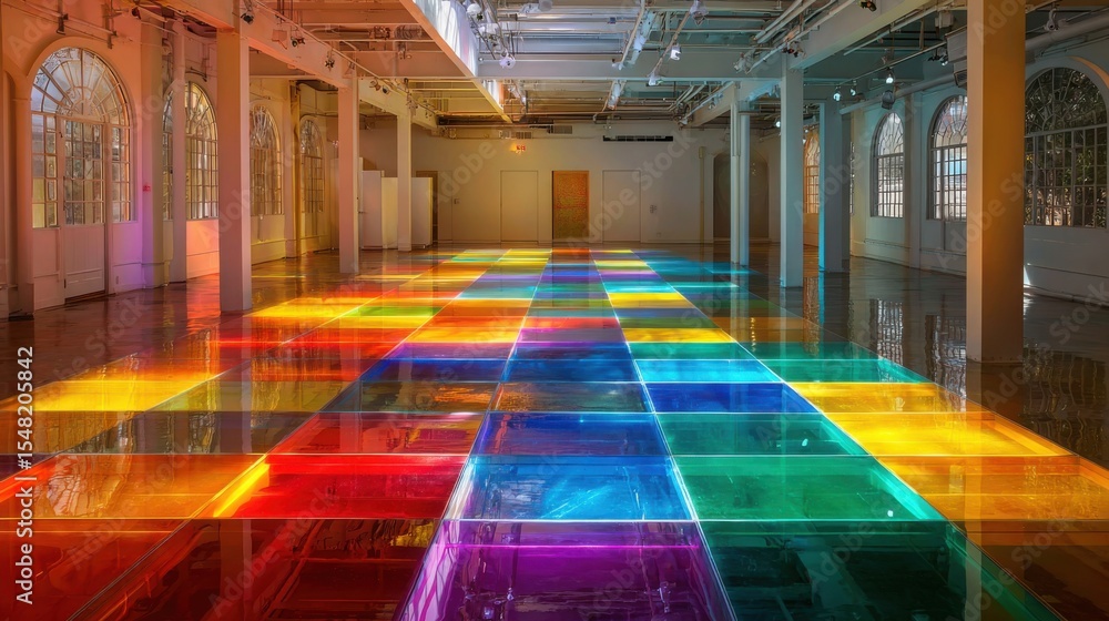 Poster this vibrant art installation showcases a colorful illuminated floor made of translucent panels, cre
