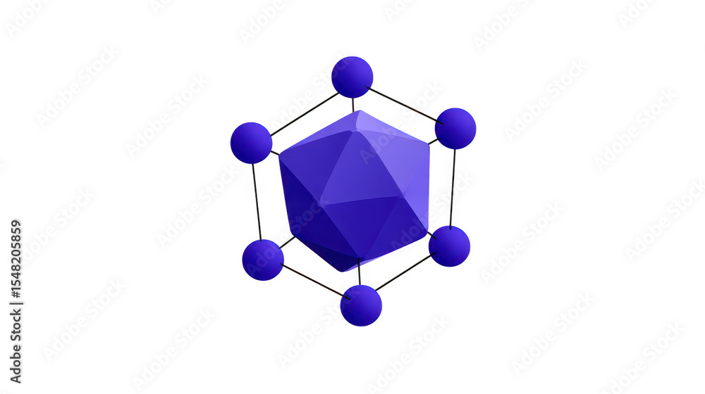 Poster 3d geometric structure features central blue polyhedron surrounded by six connected blue spheres, cr