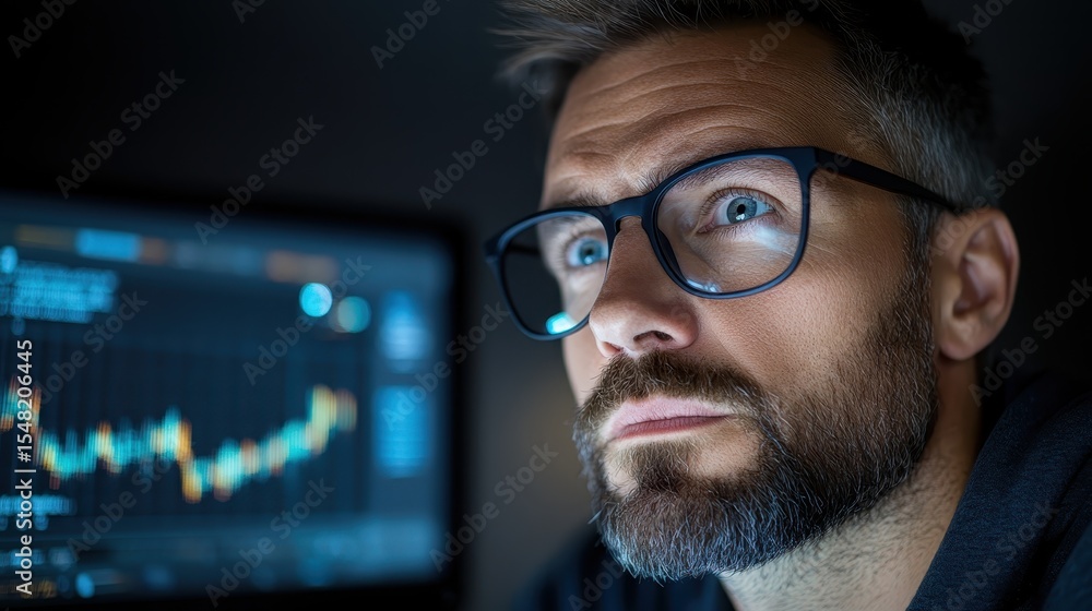 Poster a contemplative individual gazes at a glowing computer screen filled with complex graphs and data, r