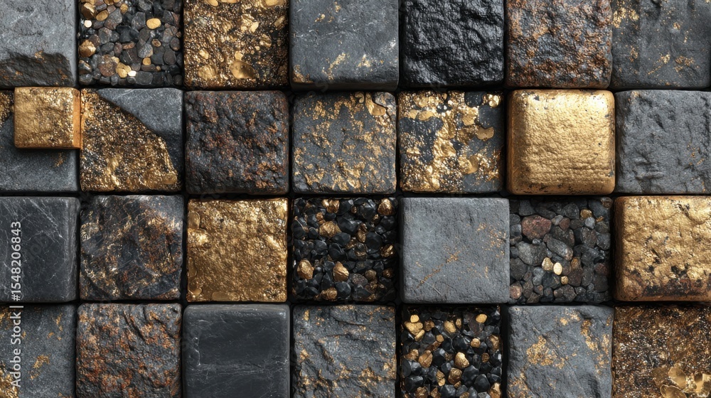 Poster a collection of decorative tiles displayed in a grid, featuring dark stones interspersed with shiny 