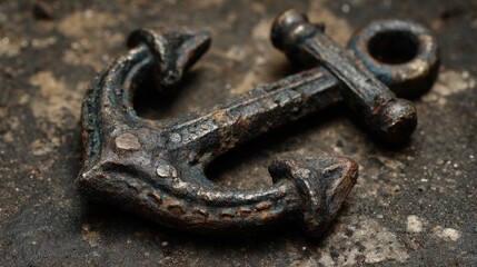 A small, rustic metal anchor pendant rests on a rocky surface along the shoreline. This artifact, showing signs of age and wear, evokes maritime history while illuminated by soft sunset light.