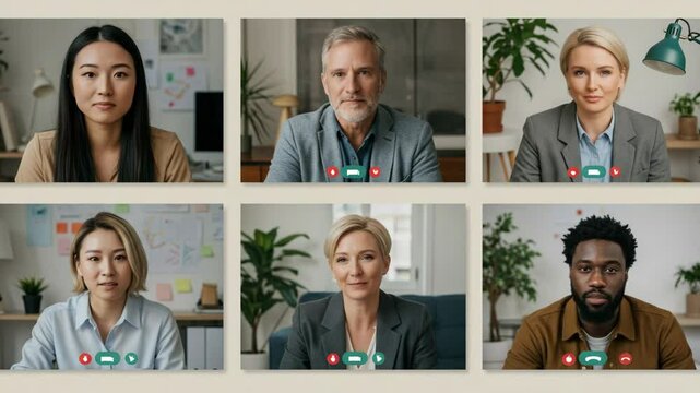 Smiling diverse colleagues engaging in a virtual video conference, fostering teamwork.