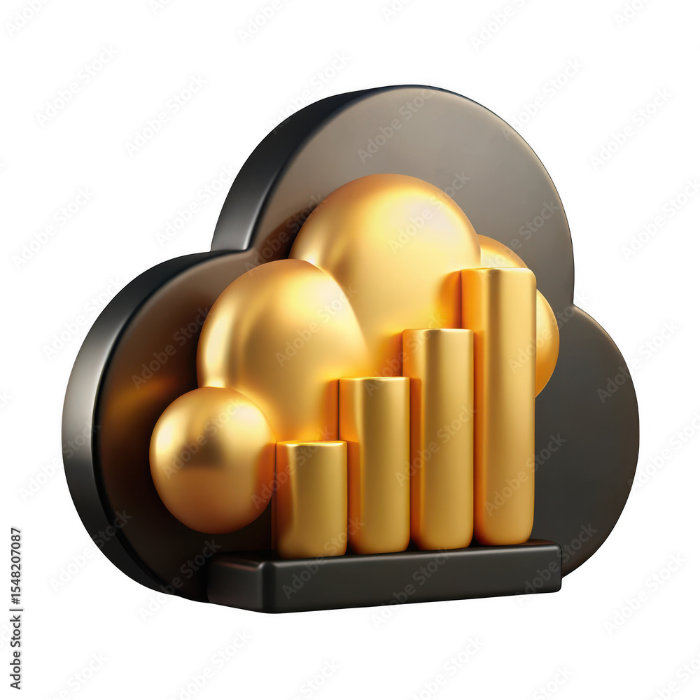 Poster 3d render gold bar graph in cloud isolated on transparent background