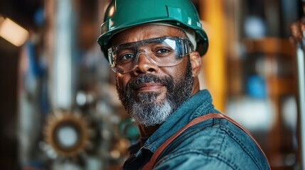 Fototapeta premium A determined man wearing safety glasses and a helmet stands in a workshop, showcasing the essence of hard work, craftsmanship, and dedication to his trade in an industrial setting.
