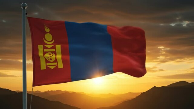 Waving mongolian flag at sunrise over mountains