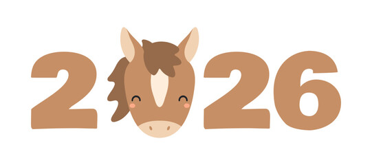 2026 New Year typography, cute cartoon horse face isolated. Flat vector illustration. Asian zodiac sign, animal character. Chinese Lunar New Year kawaii holiday card, banner, design element