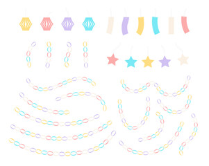 Tanabata Festival paper decorations collection, tanzaku, star, lantern, chain, isolated on transparent. Flat vector illustration. Traditional Japanese summer holiday design elements, clip art set