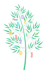 Tanabata Festival bamboo tree, traditional tanzaku, paper decorations isolated on transparent. Hand drawn vector illustration. Flat design. Japanese holiday, summer event clip art element