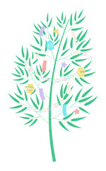 Tanabata Festival bamboo tree, traditional tanzaku, paper decorations isolated on transparent. Hand drawn vector illustration. Flat design. Japanese holiday, summer event clip art element