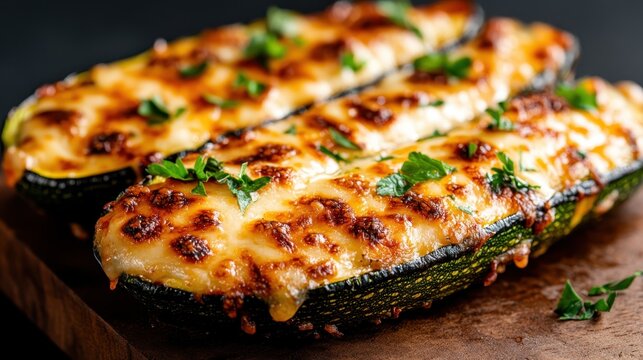Three baked zucchini halves, perfectly stuffed with melted cheese and sprinkled with fresh herbs, creating an appetizing dish for healthy eating enthusiasts and food lovers alike.