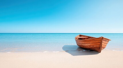 Fototapeta premium A solitary wooden boat resting on a serene beach with clear blue waters, evoking a sense of peace and solitude that captures the beauty of nature and adventure.