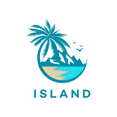 Tropical Island Paradise Palm Tree, Beach, Ocean, Mountains Logo Design