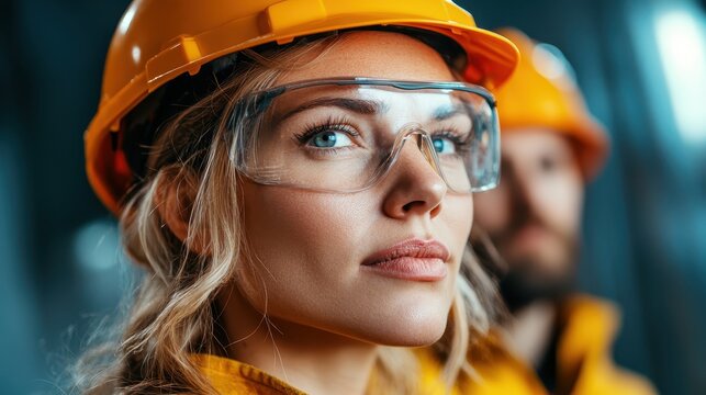 A strong and confident female worker in a hard hat and safety glasses stands ready for action, embodying empowerment and professionalism in an industrial or construction environment.