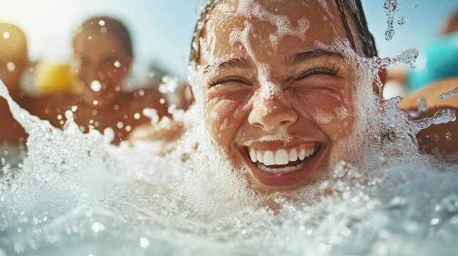 A joyful girl emerges from a splash of water at a pool, capturing a moment of pure happiness and fun that epitomizes the joys of summer and carefree childhood experiences.
