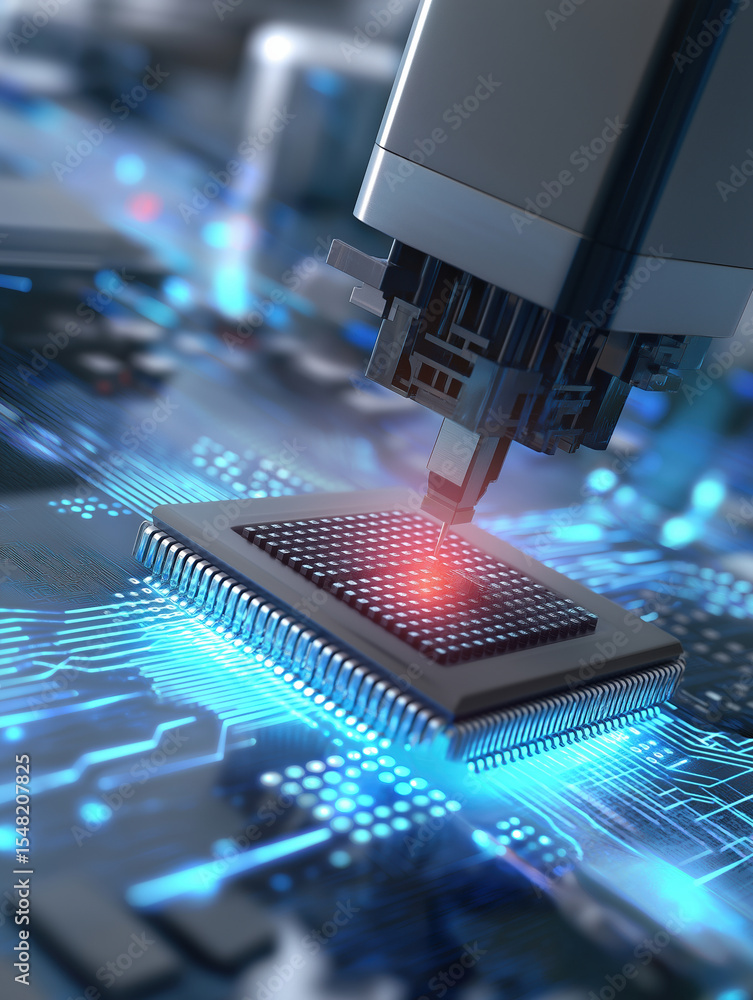 Poster precision device placing components on a computer circuit board in a tech lab