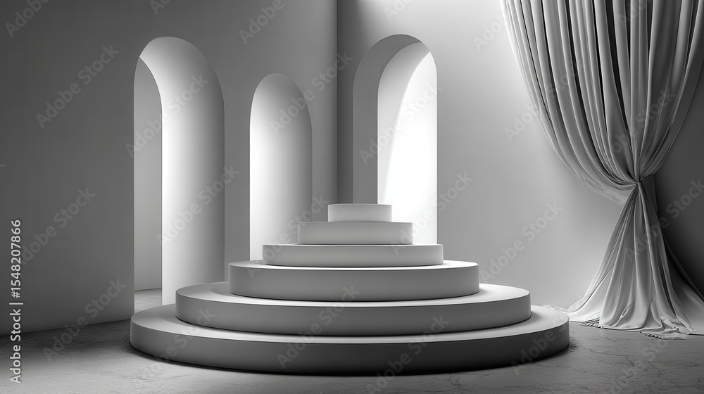 Poster Abstract staircase leads up and out of a white cubic room into an unknown space, emphasizing minimalist design and the journey upwards