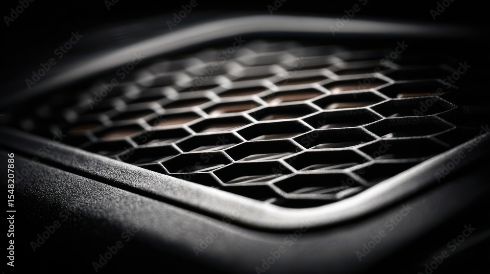 Poster emphasizing the intricate texture of a cooling fan grille on an electronic device captured in stunni