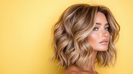 Naklejka premium A stunning profile view of a woman showcases her glamorous hairstyle and flawless makeup against a bright yellow background, epitomizing beauty and individuality.