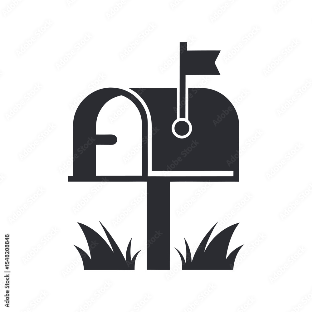 Poster simple black mailbox icon with flag and grass on white background isolated cutout graphic design ele