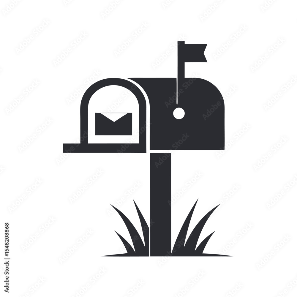 Poster simple black mailbox icon with envelope and flag on white background grassy base postbox