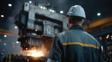 Factory Engineer Overseeing Metal Fabrication in a Large Industrial Facility Wearing a White Hard Hat Inspecting Heavy Machinery Sparks Fly During Welding