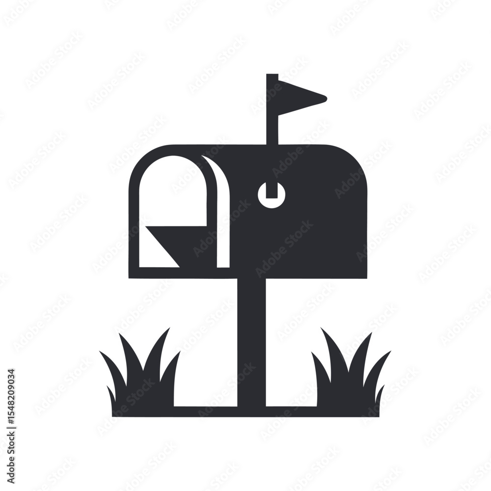 Poster simple black mailbox icon with grass on white background isolated postbox graphic design element