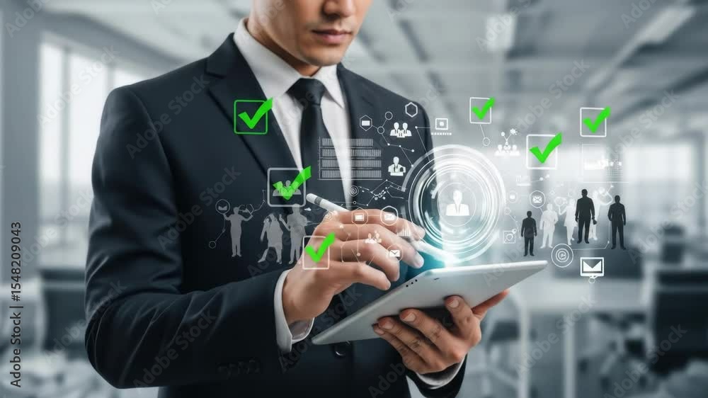 Poster businessman using tablet with digital checkmarks and data - a businessman in a modern office setting