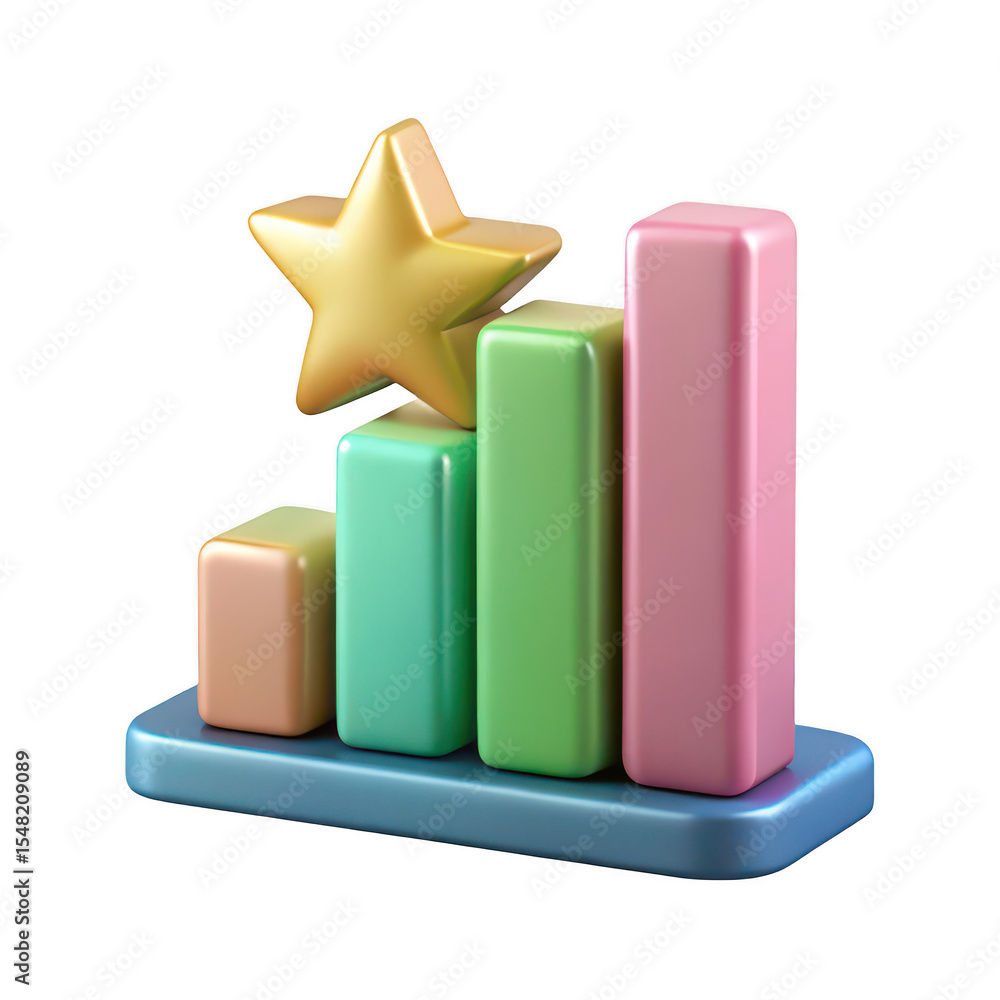 Aufkleber 3d render of colorful bar graph with gold star isolated on transparent background