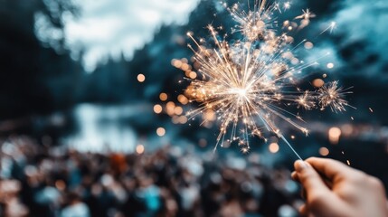 A hand holding a sparkler illuminates the night as a crowd gathers in the background, symbolizing celebration and joy during a festive outdoor event surrounded by nature.