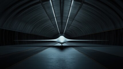 A sleek and innovative aircraft poised in a shadowy hangar, showcasing advanced engineering and design, inspiring thoughts about technology and travel into the future.
